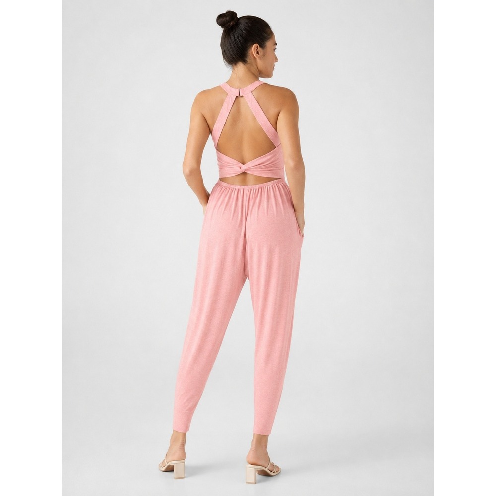 NWT Halara Harem Jumpsuit XS Pink Halter Twisted Back Cutout Easy Peezy Preppy